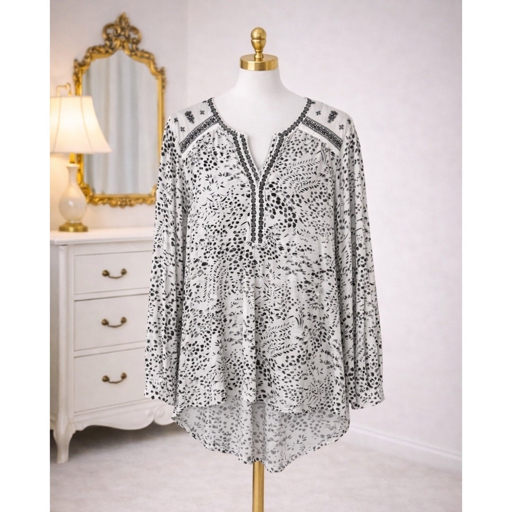 Lucky Brand Knit Tunic Top Womens Size 1X Black Cream Floral Embroidery‎ Boho